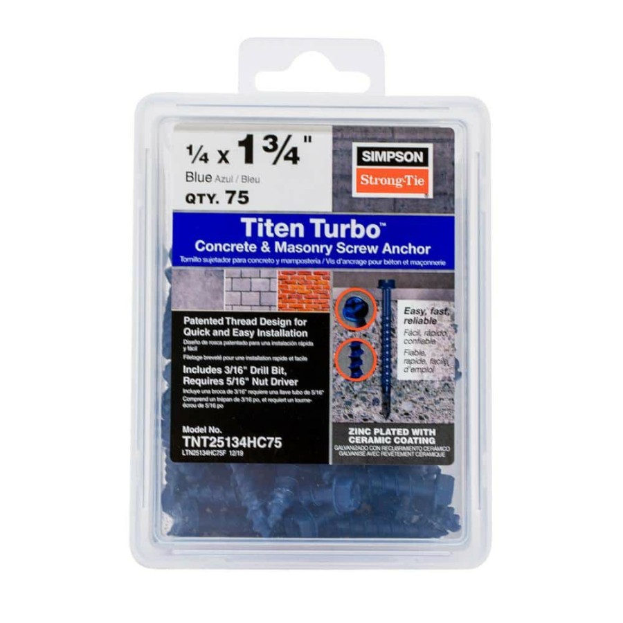 Fasteners * | Simpson Strong-Tie Titen Turbo 1/4 In. X 1-3/4 In. Hex-Head Concrete And Masonry Screw, Blue (75-Pack)