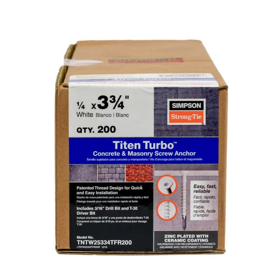 Fasteners * | Simpson Strong-Tie 1/4 In. X 3-3/4 In. Flat Head Star Drive White Titen Turbo Concrete Screws (200-Pack)