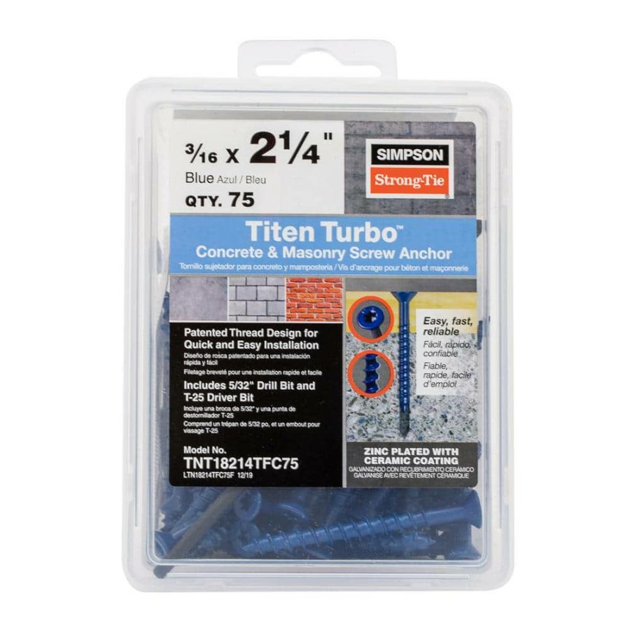 Fasteners * | Simpson Strong-Tie Titen Turbo 3/16 In. X 2-1/4 In. 6-Lobe Flat-Head Concrete And Masonry Screw, Blue (75-Pack)