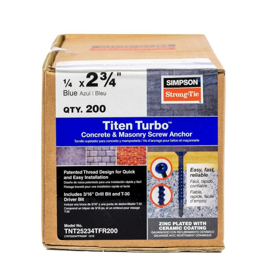 Fasteners * | Simpson Strong-Tie Titen Turbo 1/4 In. X 2-3/4 In. 6-Lobe Flat-Head Concrete And Masonry Screw, Blue (200-Pack)