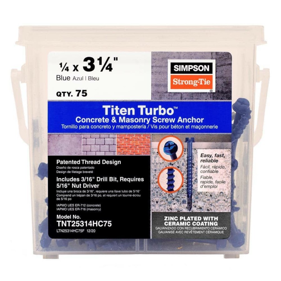 Fasteners * | Simpson Strong-Tie Titen Turbo 1/4 In. X 3-1/4 In. Hex-Head Concrete And Masonry Screw, Blue (75-Pack)